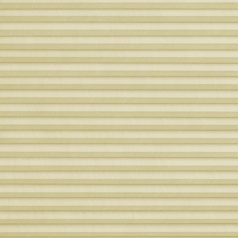 Beige pleated cellular shade, fully lowered with narrow horizontal pleats and textured fabric; closed and gently diffusing light; fills a neutral window opening, creating even, muted illumination.