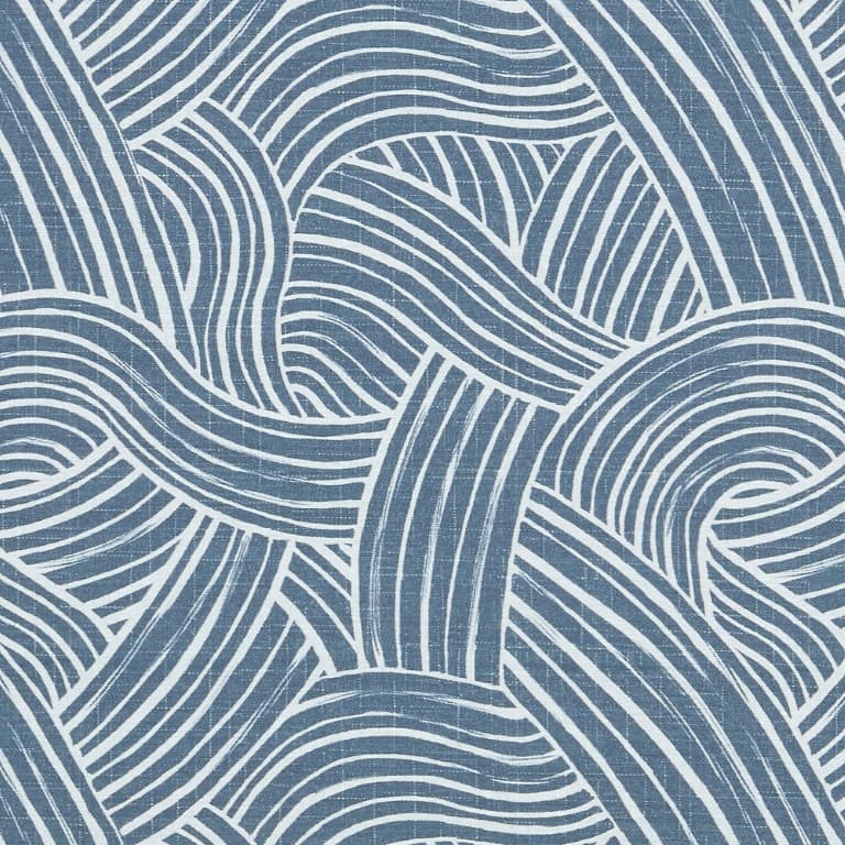 Blue-and-white patterned wallpaper featuring overlapping, curved parallel stripes that weave into braided waves; linen-textured surface, decorative covering on a flat wall with muted, even lighting.