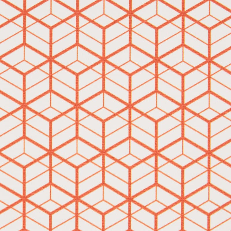 Orange geometric lattice (interlocking isometric cube outlines) repeating across a white surface; forming tessellated cube shapes; appears as printed wallpaper or fabric under even, bright lighting.