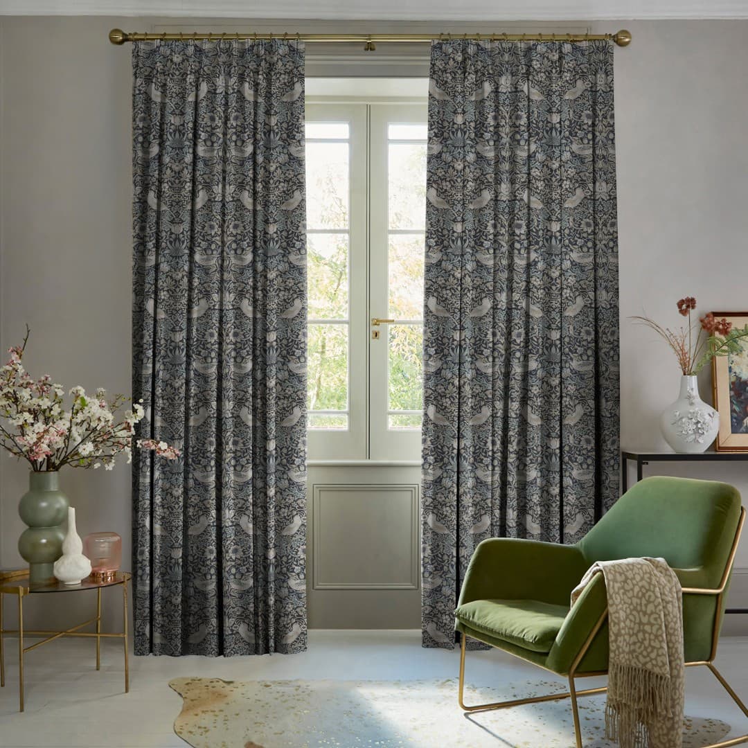 William Morris Strawberry Thief Dusk luxury curtains for heritage-inspired living room