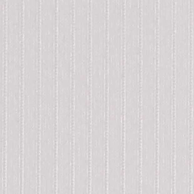 Beige, subtly textured wallpaper with narrow vertical white pinstripes covering a wall; close-up view showing soft, even ambient indoor lighting and no visible fixtures.