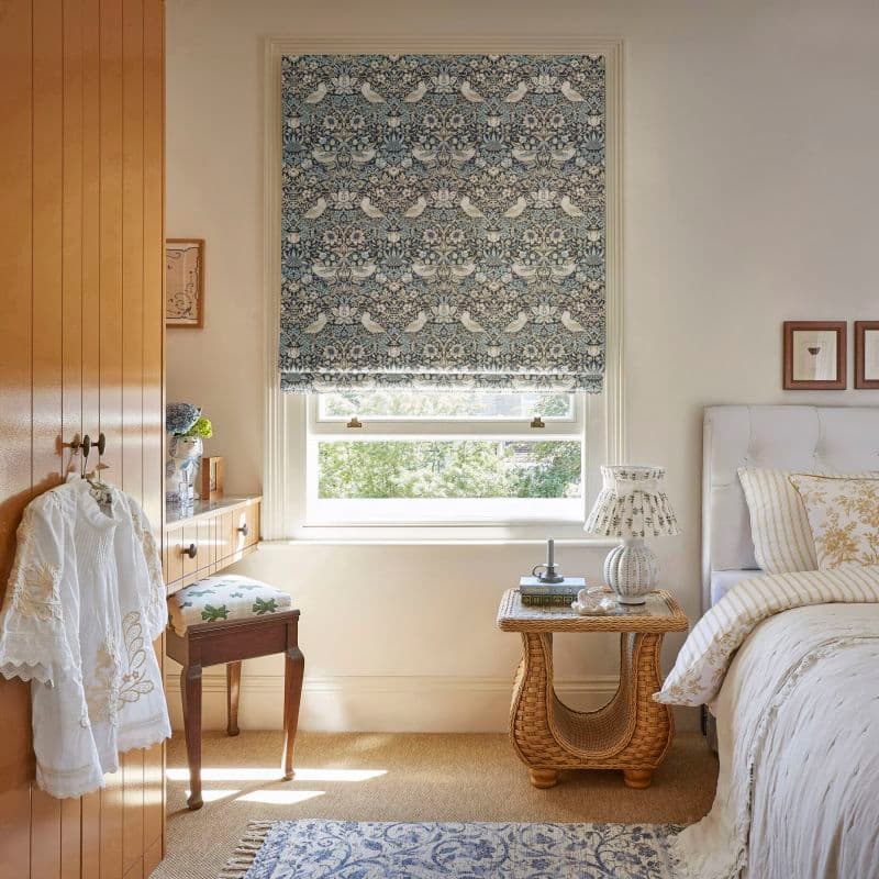William Morris Strawberry Thief Dusk luxury Roman blind in classic British bedroom
