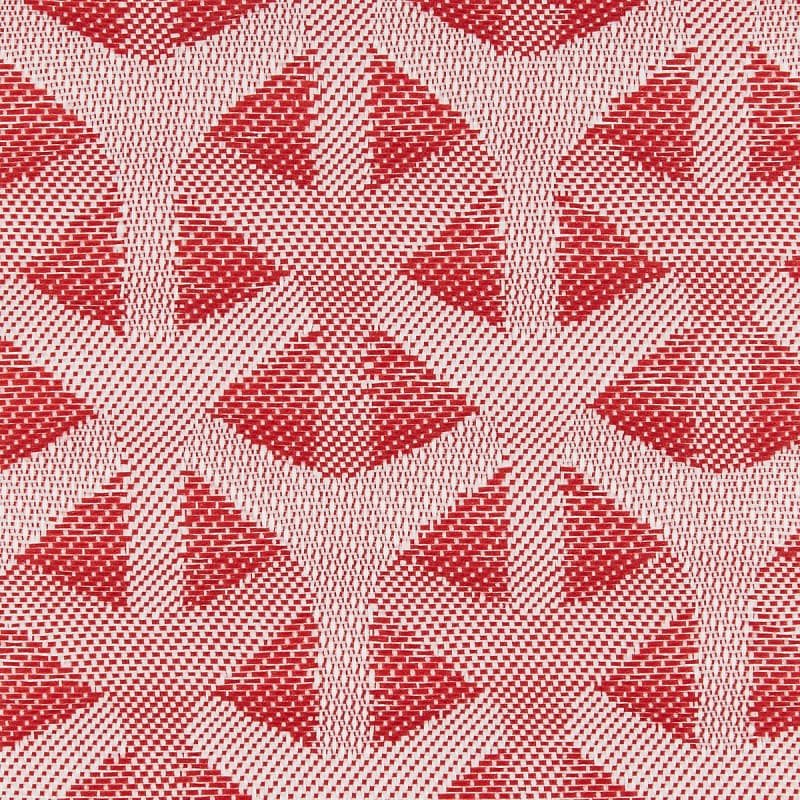 Woven red-and-white textile with repeating diamond and triangle motifs and raised texture â€” forming a checked, diagonal pattern â€” close-up flat lay with even lighting, no visible surroundings.