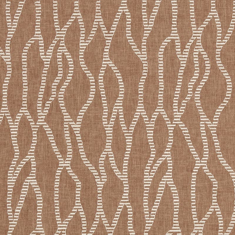 Brown woven textile with cream dashed, undulating chain-like lines; repeating pattern decorating a flat surface; close-up view, evenly lit and tightly cropped.