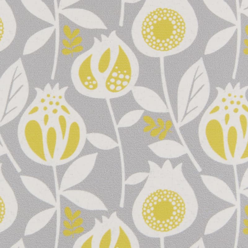Wallpaper: stylized white-and-mustard floral motifs (tulip-like blooms, stems, leaves). Action: printed as a continuous repeating pattern. Context: light-gray background, decorative wall or fabric for modern interiors.