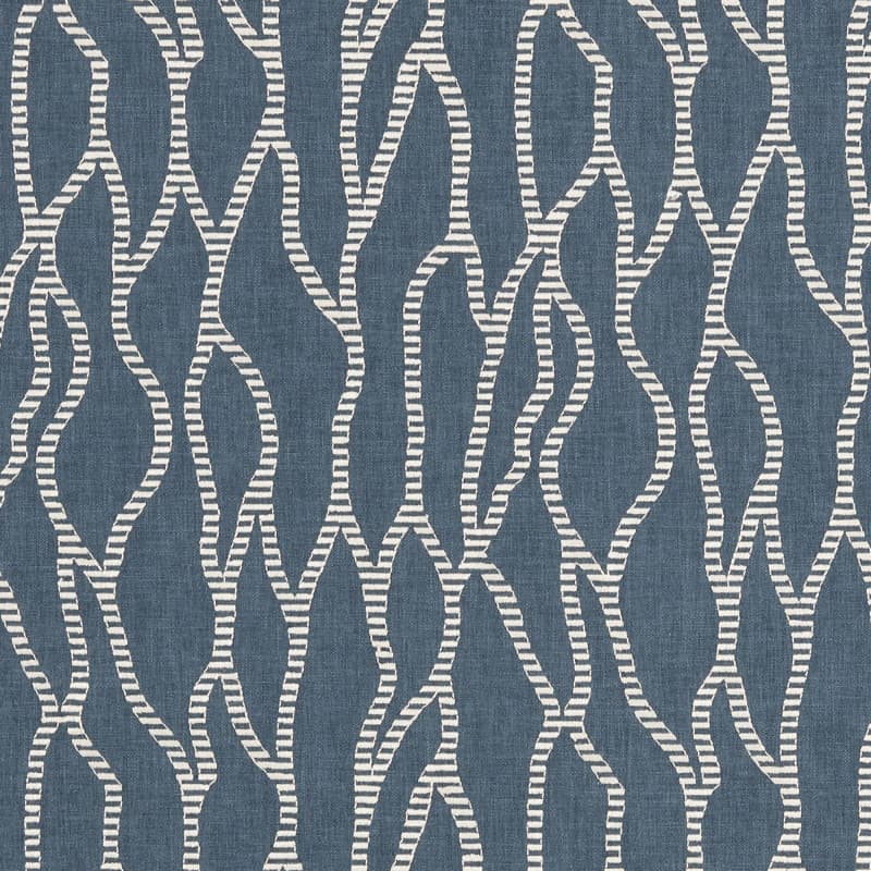 Woven textile featuring repeating vertical, meandering white striped lines with a stitched look â€” covering the surface against a muted denim-blue background in a flat, close-up, evenly lit view.