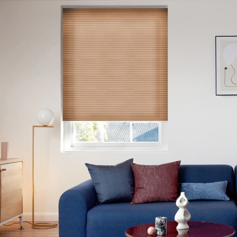 Honey-brown pleated cellular blind, fully lowered across the window, softly filtering daylight; living room with a blue sofa and mixed cushions, round coffee table, floor lamp, and partial roof/trees visible below.