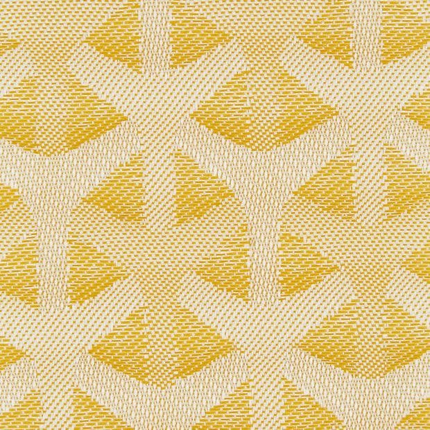 Woven upholstery fabric swatch, photographed flat: textured cream and mustard-yellow yarns forming repeating Y-shaped geometric motifs; close-up macro view, evenly lit with no surrounding room context.