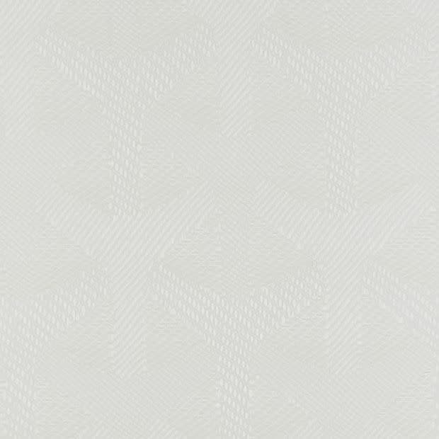Textured wallpaper â€” pale gray-ivory with a subtle raised geometric weave pattern â€” covering a wall; appears embossed and uniform, photographed close-up under soft, diffuse indoor lighting with no furnishings.