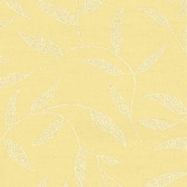 Yellow textured wallpaper with a subtle pale leaf-vine pattern covering the surface; pattern appears slightly raised and matte, forming a soft, decorative backdrop in an evenly lit interior.