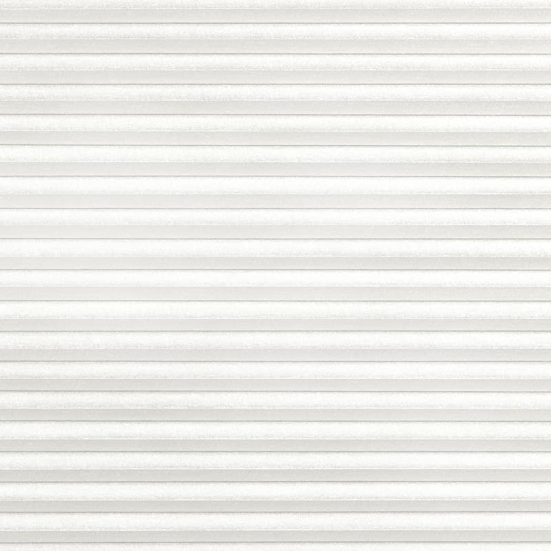 White pleated horizontal blinds, fully lowered and closed with evenly spaced ridges; filtering soft diffused daylight into a neutral, minimally lit interior with no visible view.