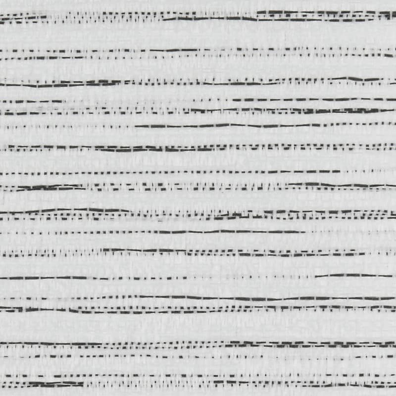 Woven white textile with irregular horizontal black dashed lines; lying flat and displaying a repeating linear pattern; close-up view in neutral, soft lighting with no surroundings visible.