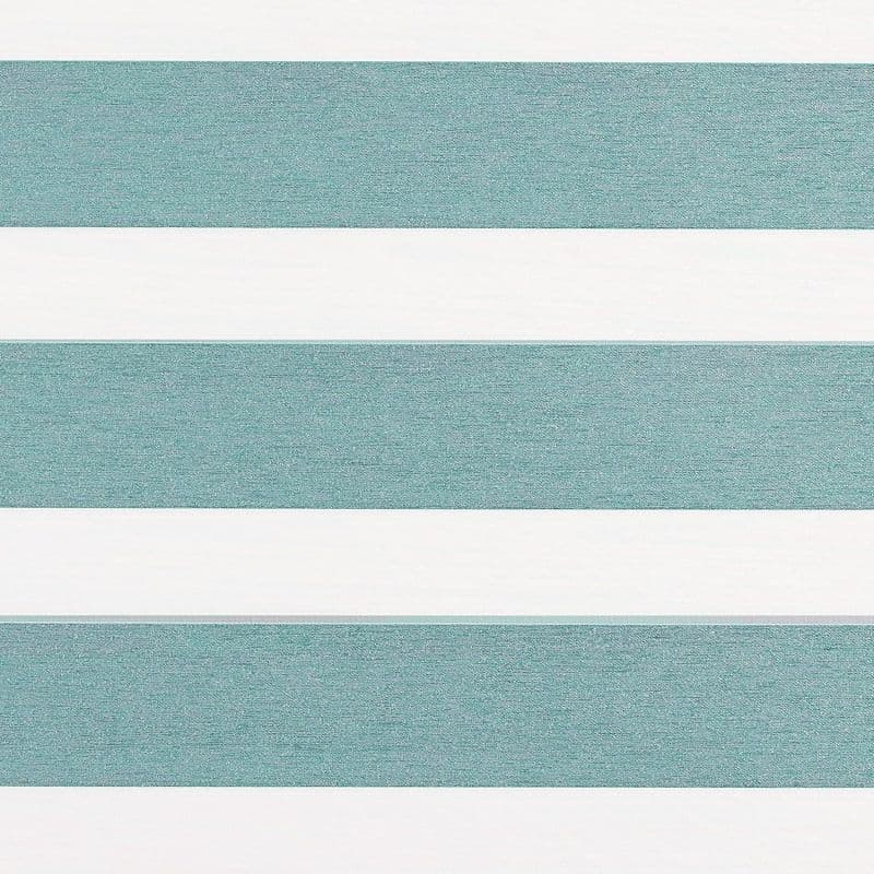 Horizontal striped roller blind with alternating teal textured bands and white opaque bands; bands lie flat and aligned, shown in a close-up, evenly lit, flat composition.