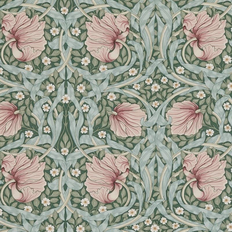 Wallpaper with large ruffled pink flowers, pale blue-green twisting leaves and tiny white blossoms â€” forming a symmetrical repeating pattern â€” on a muted green background suggesting vintage Arts-and-Crafts decor.
