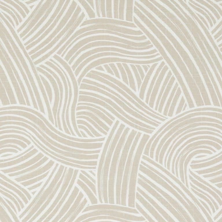 Beige and white striped woven-pattern wallpaper covering the entire surface; undulating, overlapping ribbon-like bands form a textured wave motif in a well-lit, neutral interior wall.