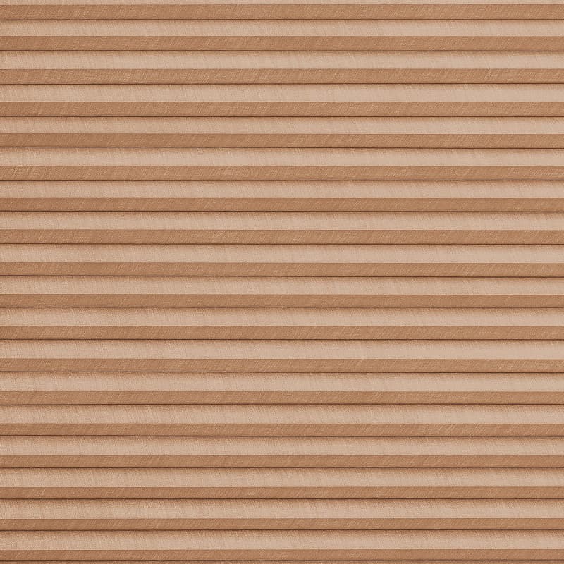 Beige fabric pleated cellular shades, horizontal folds across entire surface, fully lowered and closed, softly diffusing light; close-up view with uniform lighting and no visible window frame or room context.