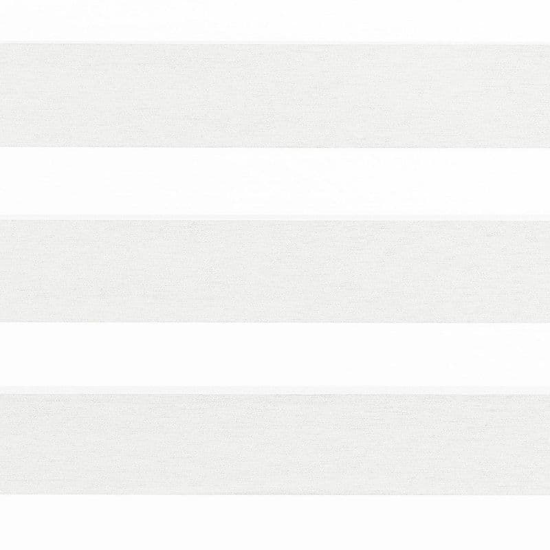 Roller zebra blindsâ€”lowered, alternating textured light-gray opaque and translucent white horizontal bandsâ€”partially diffuse and filter daylight; close-up view suggesting a bright, minimal interior window.