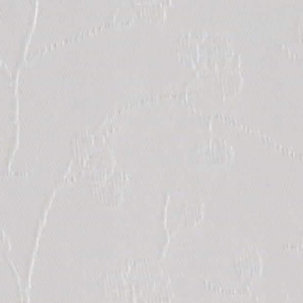 White embossed floral wallpaper covering a surface, showing subtle raised tulip motifs â€” revealing faint texture under soft diffuse light â€” interior wall with neutral, even lighting and no visible furnishings.