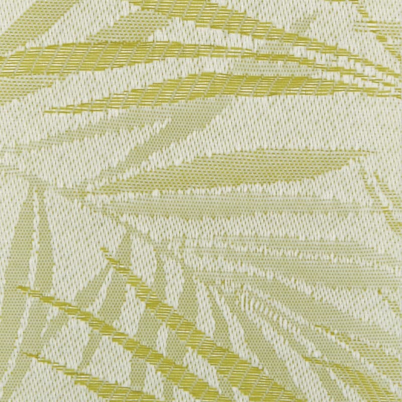 Woven textile with olive-green palm-leaf jacquard pattern; featuring overlapping raised leaf motifs; close-up view with even lighting, emphasizing the textured, tightly woven surface.