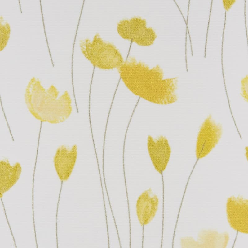 Yellow watercolor-style flower motifs on thin gray stems, scattered across a white surface; printed pattern suggests wallpaper or fabric, flat even lighting, abstract botanical design.