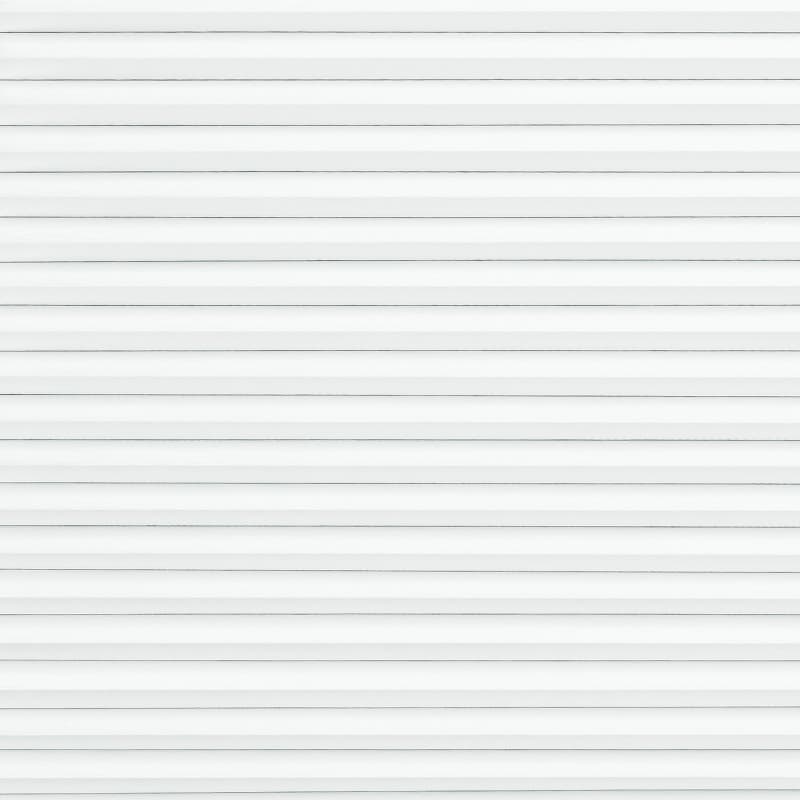 White horizontal blinds with narrow slats covering a window; fully closed, filtering soft daylight into the room; interior, evenly lit, minimalist wall background.