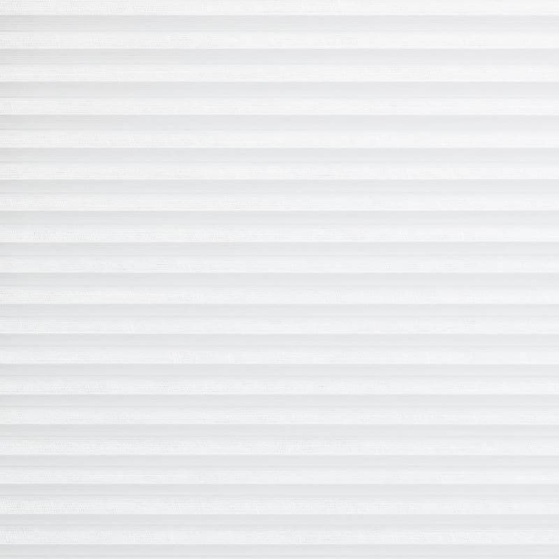 White horizontal pleated blind filling the frame, textured fabric with evenly spaced folds; closed, softly diffusing light; minimal contextâ€”no visible window frame or room, uniform bright neutral background.