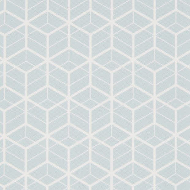 Geometric wallpaper with white isometric cube pattern on a pale blue background; repeating motif covers the surface, decorating an interior wall under soft, even lighting with no other visible objects.