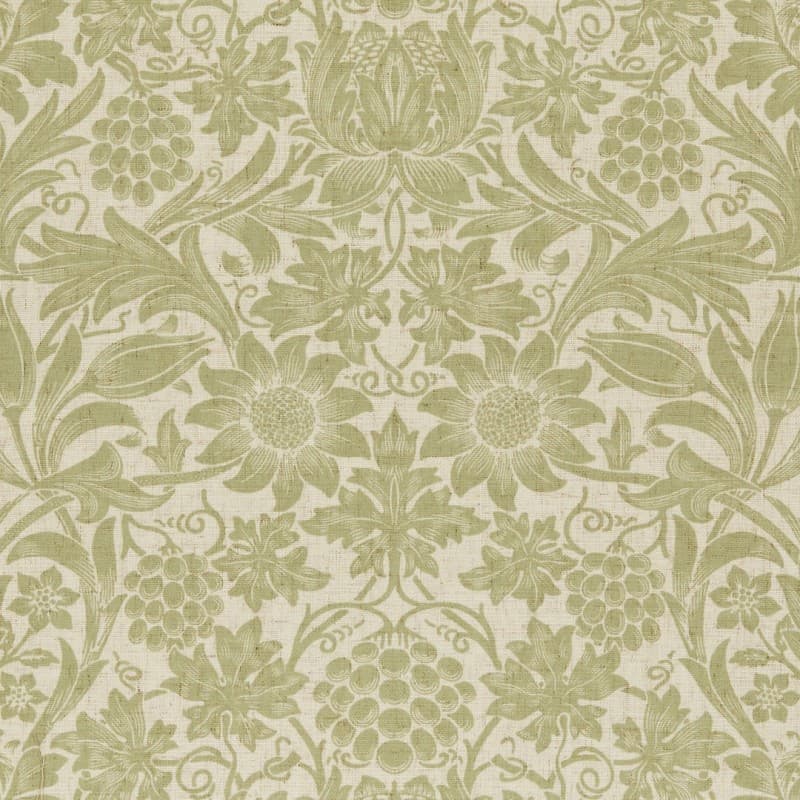 Beige textured wallpaper with repeating muted green floral and grapevine damask motifs (large sunflowers, tulips, leaves), decorating a wall and creating a vintage ornamental background in soft, even lighting.
