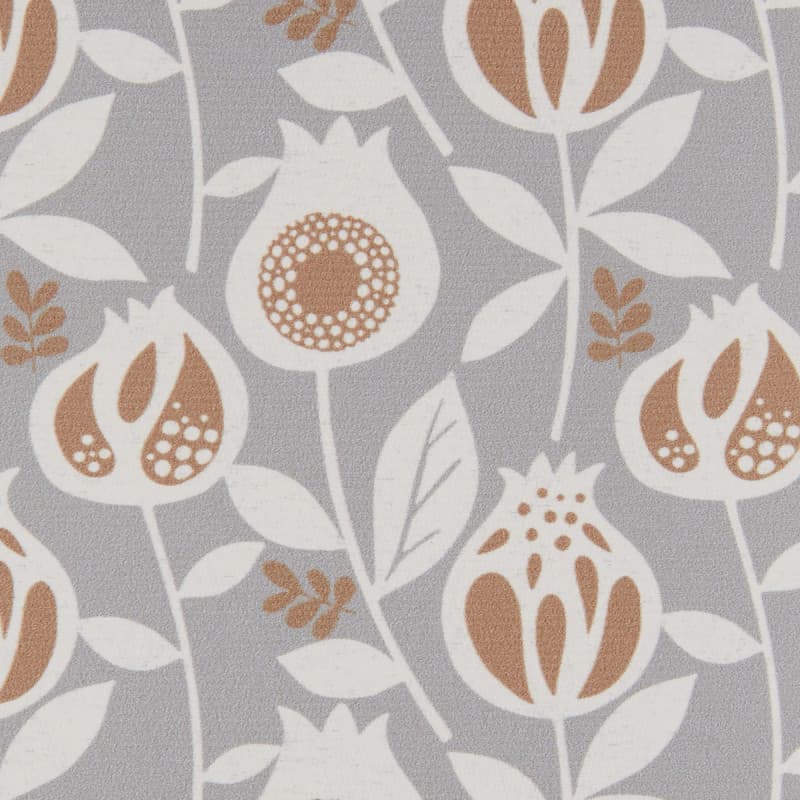 Gray wallpaper patterned with stylized white pomegranate-shaped flowers and rust-brown seed details; the motif repeats uniformly, covering a wall surface in soft, even indoor lighting.