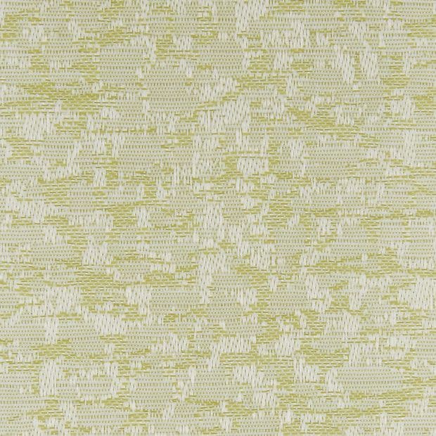 Woven fabric swatchâ€”pale yellow-green and off-whiteâ€”showing an irregular abstract pattern and subtle raised texture; presented close-up under even, neutral lighting with no surroundings.