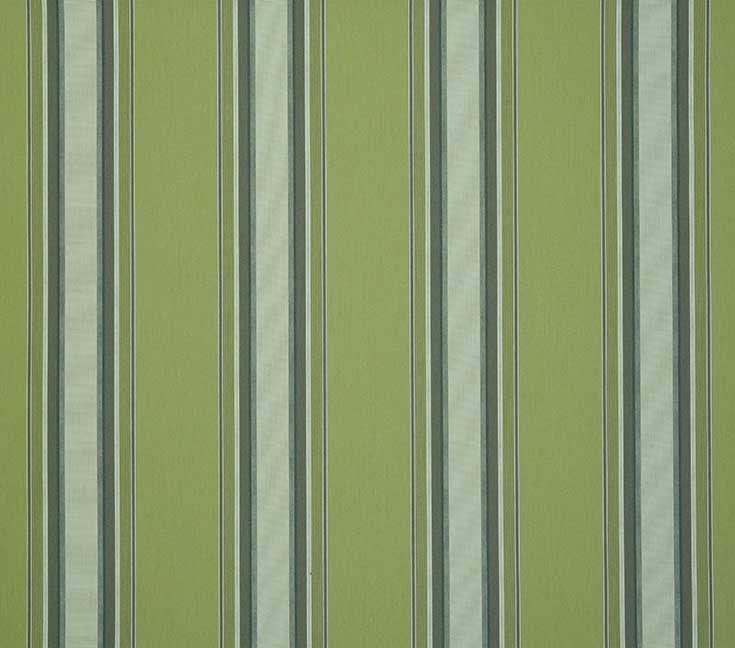 Vertical striped wallpaper with alternating light and darker sage-green bands and thin pale-blue and white lines â€” running continuously â€” covering an interior wall with subtle fabric texture under even, diffuse lighting.