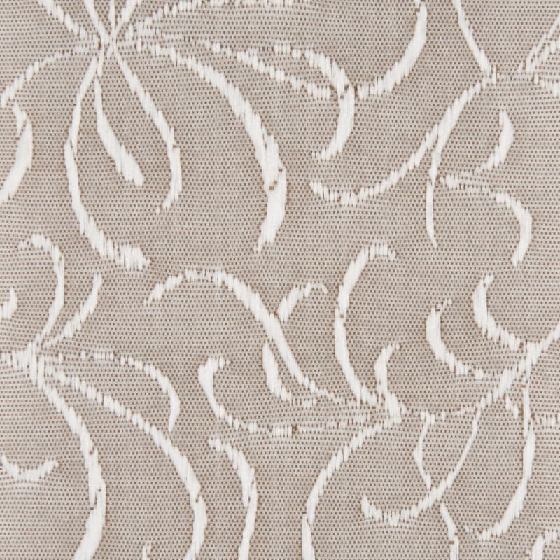 Beige mesh textile with raised white floral embroidery (close-up) â€” displaying repeating curving motifs â€” presented flat under even, neutral lighting, suggesting upholstery or drapery fabric.