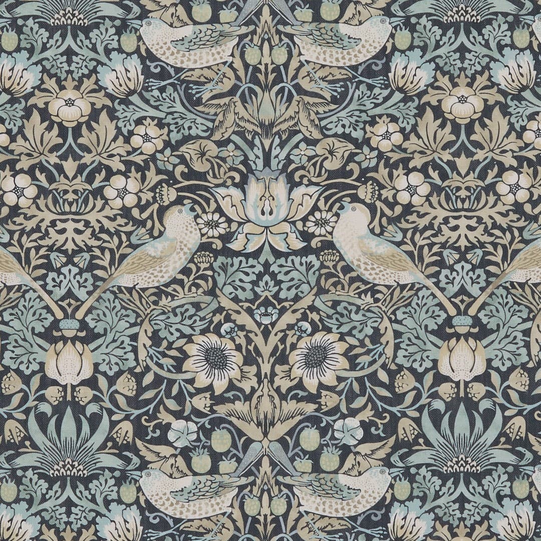 Damask-style fabric or wallpaper with stylized birds, tulips, and scrolling foliage  printed in mirrored repeating pattern â€” muted teal, beige and cream on dark background, intended as wall covering or upholstery.