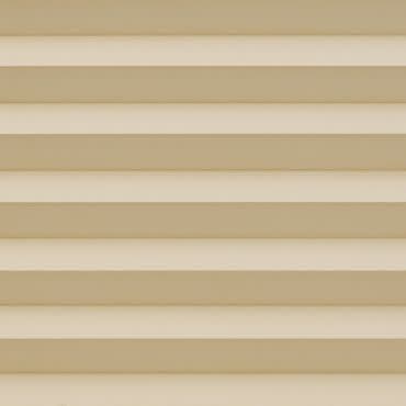 Beige horizontal slatted blinds covering the window, fully closed with evenly spaced slats; filtering soft diffuse light into an interior space with neutral walls and no visible view.