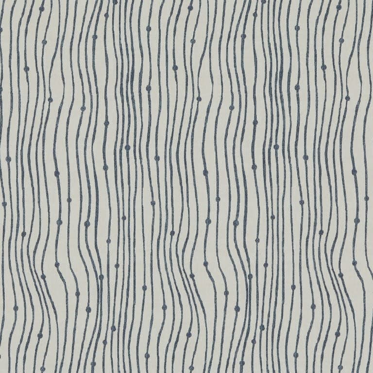 Textile swatch of cream fabric patterned with narrow navy embroidered wavy vertical lines punctuated by small knots; repeating lines undulate across the surface; close-up, evenly lit, neutral background.