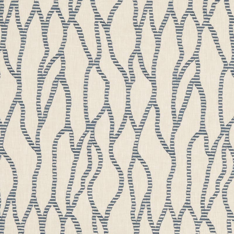 Decorative textile: beige fabric with blue, narrow-striped undulating lattice lines; featuring repeating organic outlines. Evenly lit close-up, abstract decorative pattern suggestive of upholstery or drapery.
