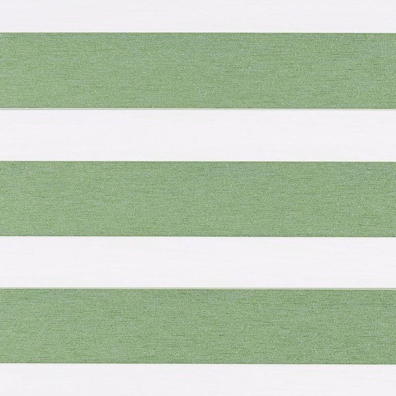 Horizontal dual-layer zebra blind with wide sage-green textured and white translucent stripes, aligned closed to filter light; close-up view under neutral indoor lighting, no surrounding room visible.