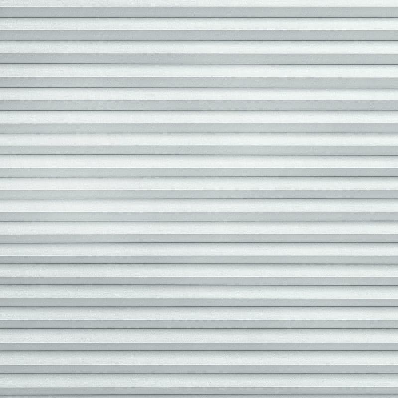 Horizontal light-gray pleated blinds covering the entire window, narrow even folds with subtle fabric texture; closed, filtering soft diffused light into a neutral interior space with no visible view.