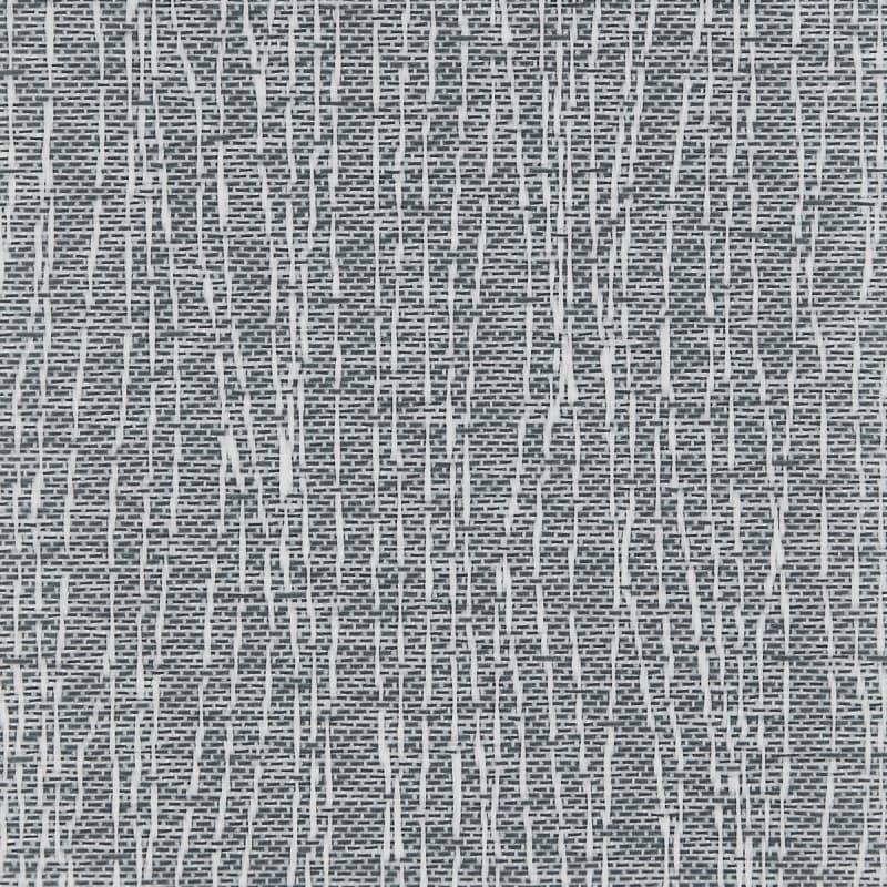 Grey woven fabric with dense dark grid and irregular raised white vertical threads; covering a flat surface and showing a textured pattern in a close-up with neutral lighting.
