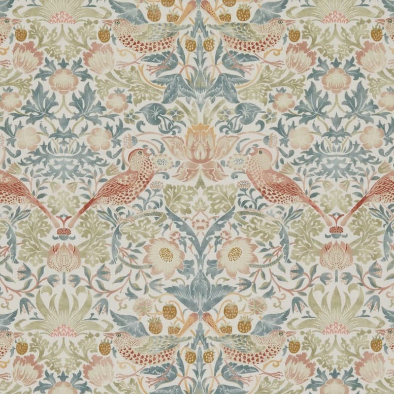 Wallpaper fabric patterned with stylized birds, tulips, and foliage repeats symmetrically across the surface in soft pastel greens, blues, and peaches, evoking a vintage Arts-and-Crafts floral motif.