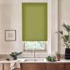 Green roller blind covers kitchen window, blocking light; stainless faucet and sink sit below on stone countertop with wooden cabinets, potted plants, bowl of greens, framed sketch.