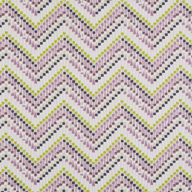 Chevron-patterned fabric of painted brushstrokes in lavender, olive, and black; staggered V rows repeat across a flat, evenly lit surface, resembling a wallpaper or upholstery sample.