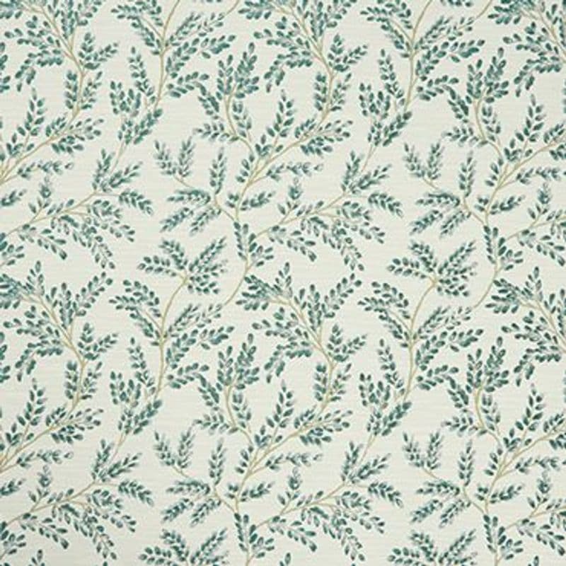 Cream wallpaper patterned with repeating teal leafy vine motifs, decorating and covering a wall; subtle texture and soft, evenly lit interior context suggesting a classic, botanical room décor.