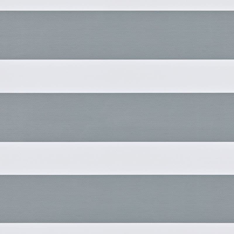 White horizontal zebra-blind bands alternating with semi-transparent gray herringbone mesh, aligned to form opaque stripes, filtering soft daylight in a neutral, close-up interior view.