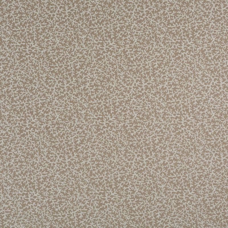 Beige textured wallpaper with a dense, white branching (coral-like) motif, covering the surface uniformly; shown flat in a close-up, evenly lit interior-wall or fabric-swatch view.