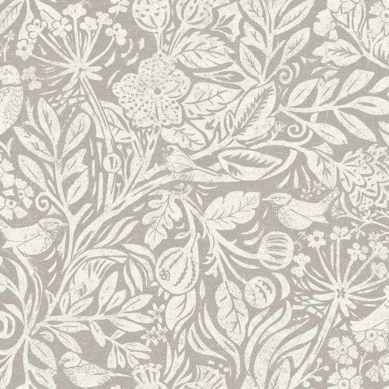 Beige wallpaper with cream, distressed botanical print—stylized leaves, flowers, seed pods and small birds—decorating a surface; close-up view with even, neutral lighting.