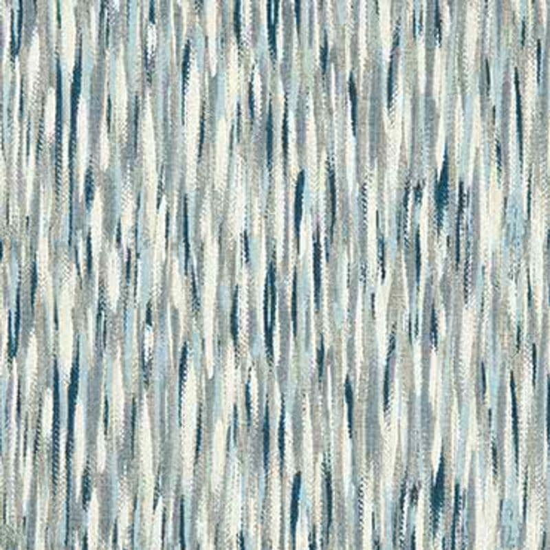 Textured fabric swatch with dense vertical brushstroke pattern; streaks of blue, gray and cream blend and repeat; shown flat under even light as an abstract wallpaper or upholstery sample.