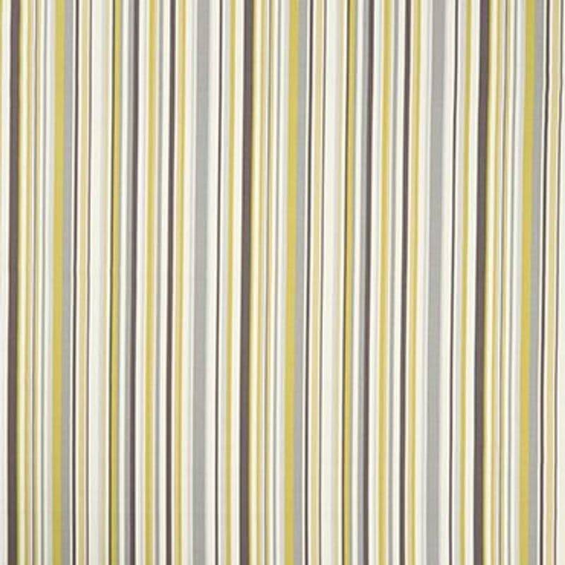 Vertical striped curtains with narrow yellow, gray, and off-white bands, hanging closed with smooth folds; close-up indoor view showing the textile pattern under even lighting.