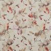 Beige embroidered-style fabric with large floral motifs (object); repeats across the surface in a scattered pattern (action); neutral, textured textile sample with muted pink, red, and brown tones (context).