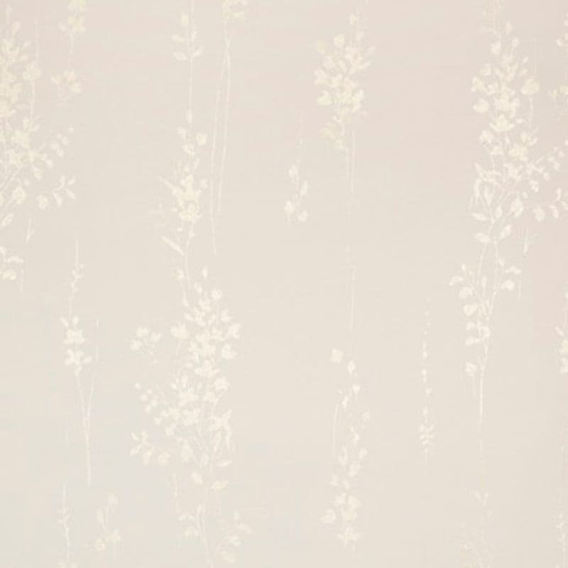 Pale beige wallpaper patterned with faint vertical cream floral vines covers a wall, creating a subtle, softly lit neutral background suitable for a calm interior.